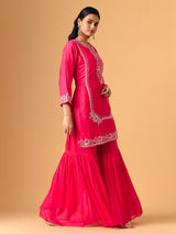 Pink silk round neck shimmering sharara suit