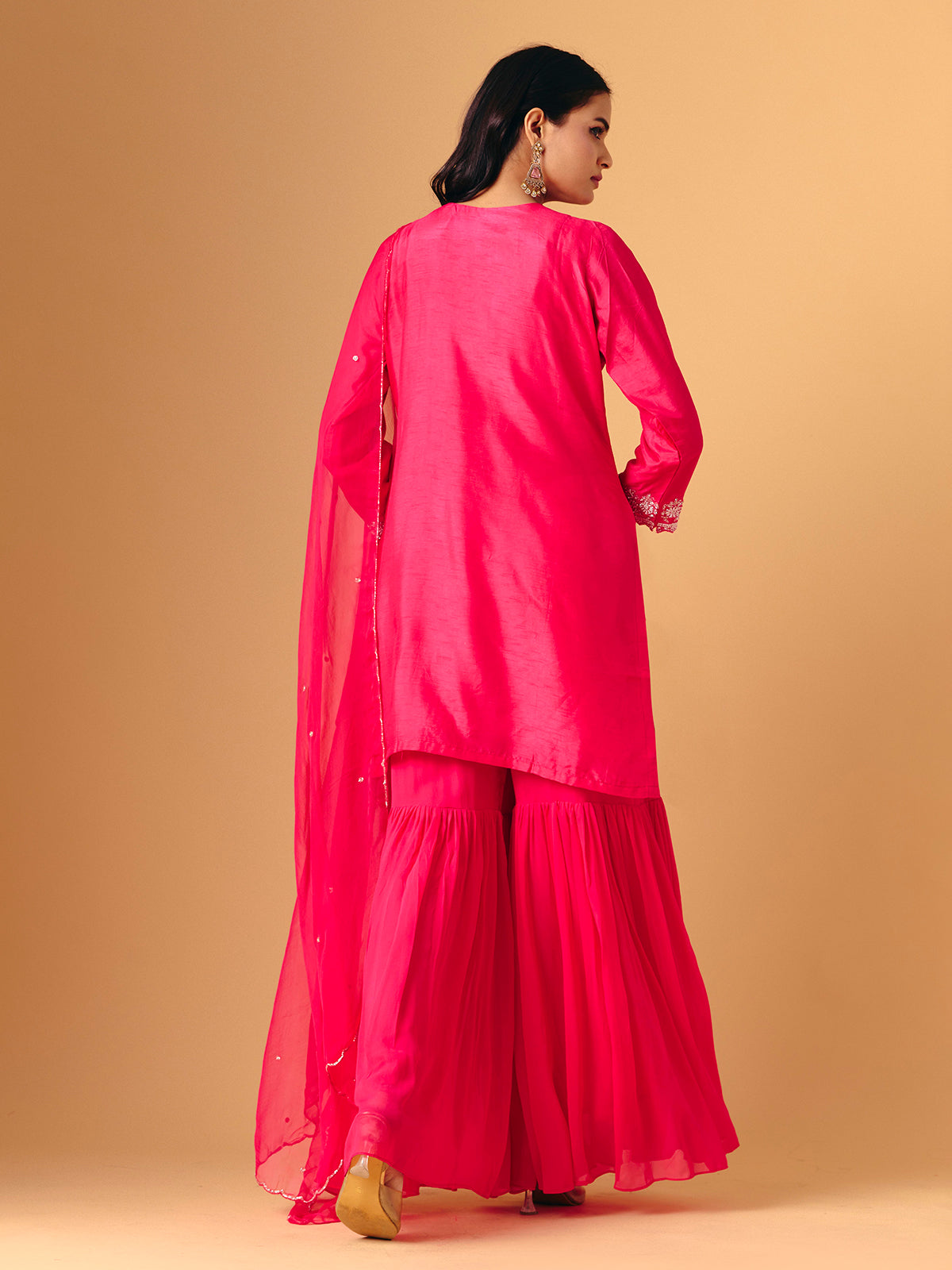 Pink silk round neck shimmering sharara suit