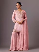 Peach chanderi silk quarter sleeve palazzo suit
