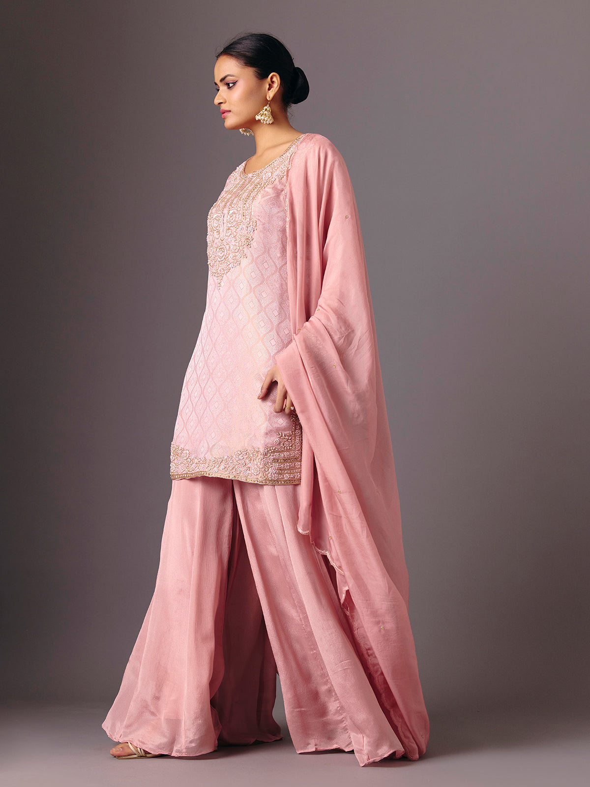 Peach chanderi silk quarter sleeve palazzo suit
