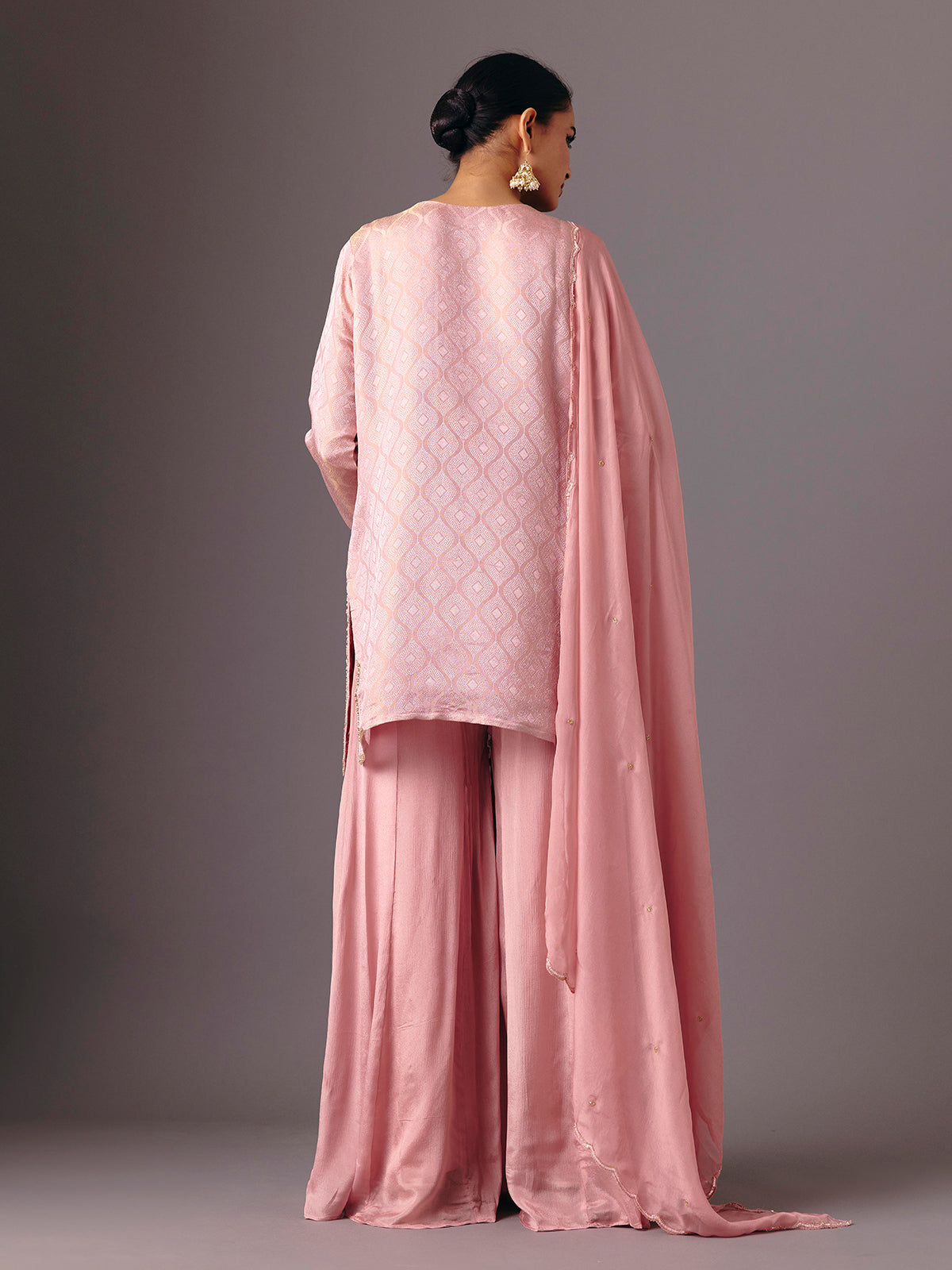 Peach chanderi silk quarter sleeve palazzo suit