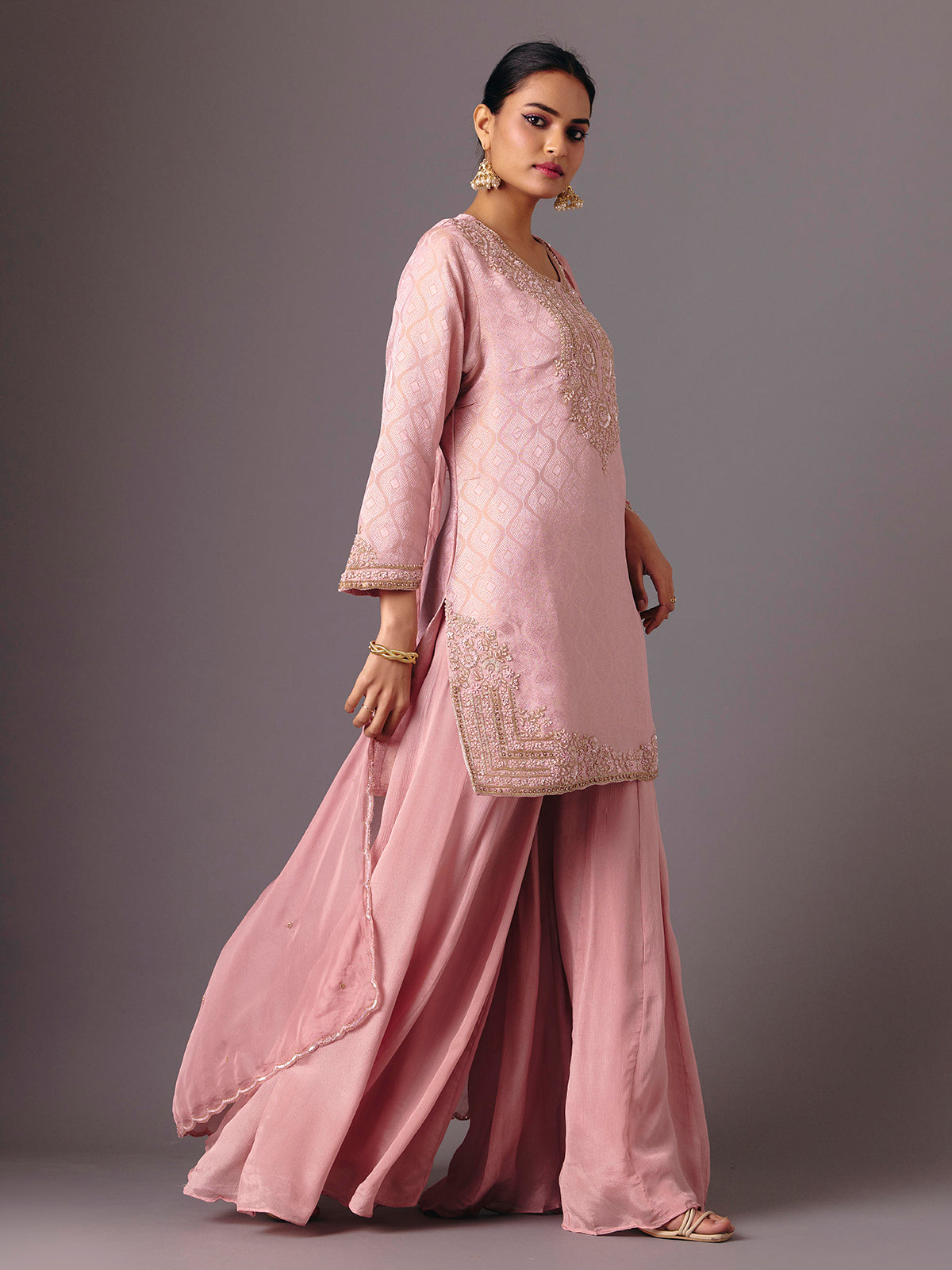 Peach chanderi silk quarter sleeve palazzo suit