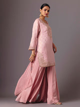 Peach chanderi silk quarter sleeve palazzo suit