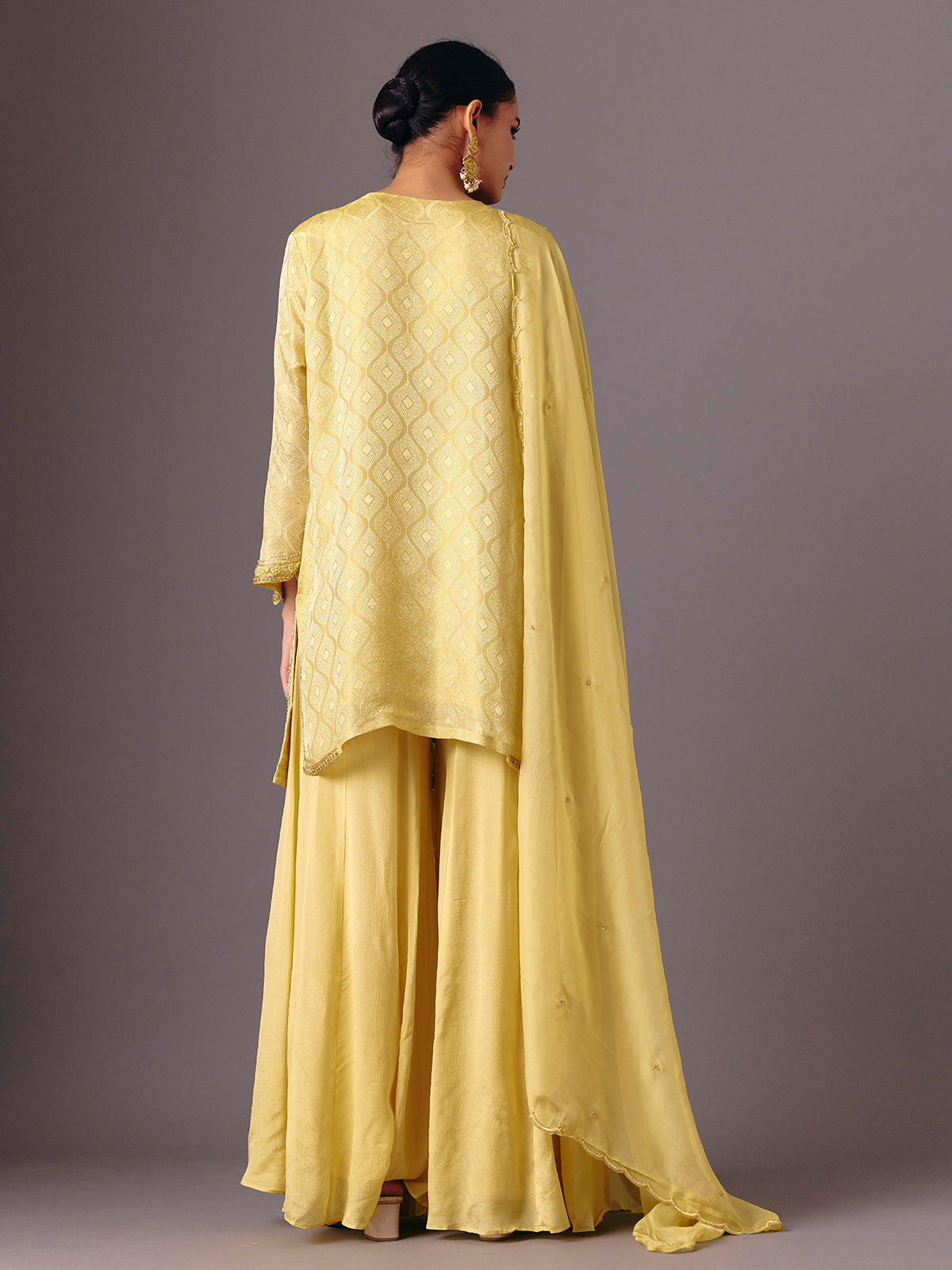 Yellow chanderi silk quarter sleeve palazzo suit