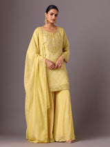 Yellow chanderi silk quarter sleeve palazzo suit