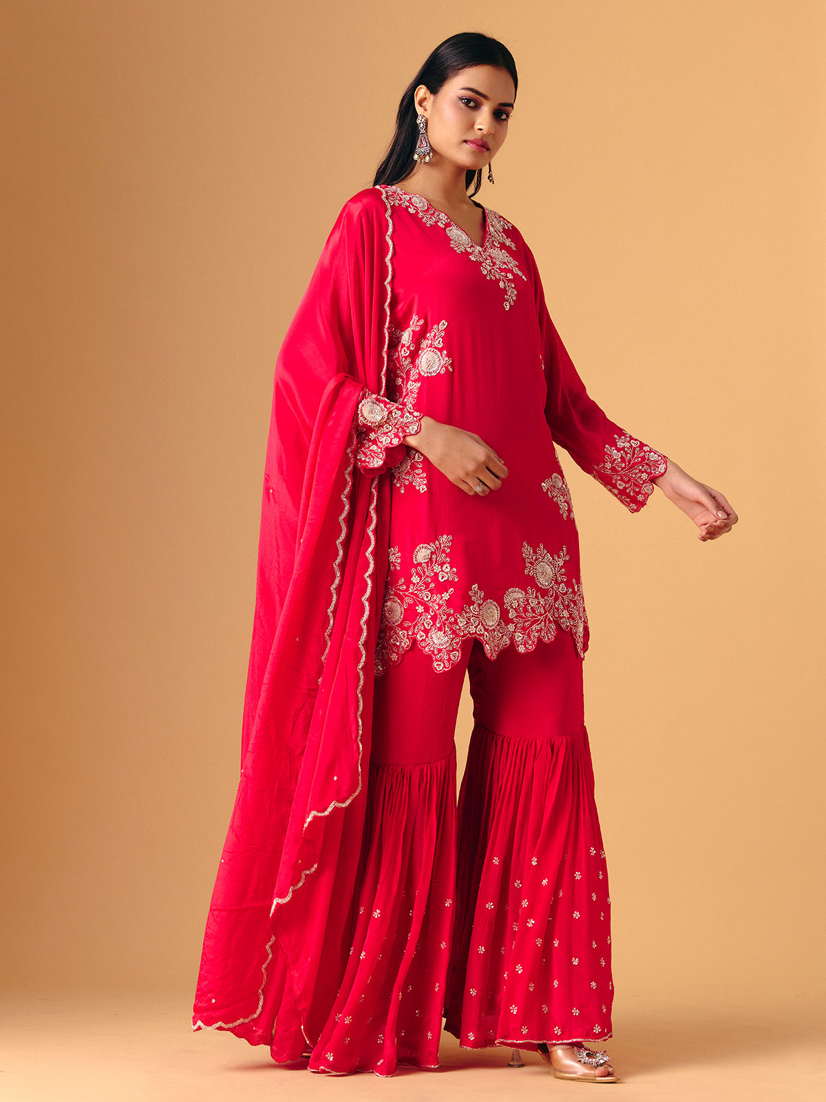 Rani pink georgette V neck layered sharara suit