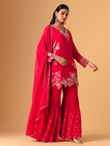 Rani pink georgette V neck layered sharara suit