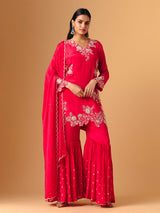 Rani pink georgette V neck layered sharara suit
