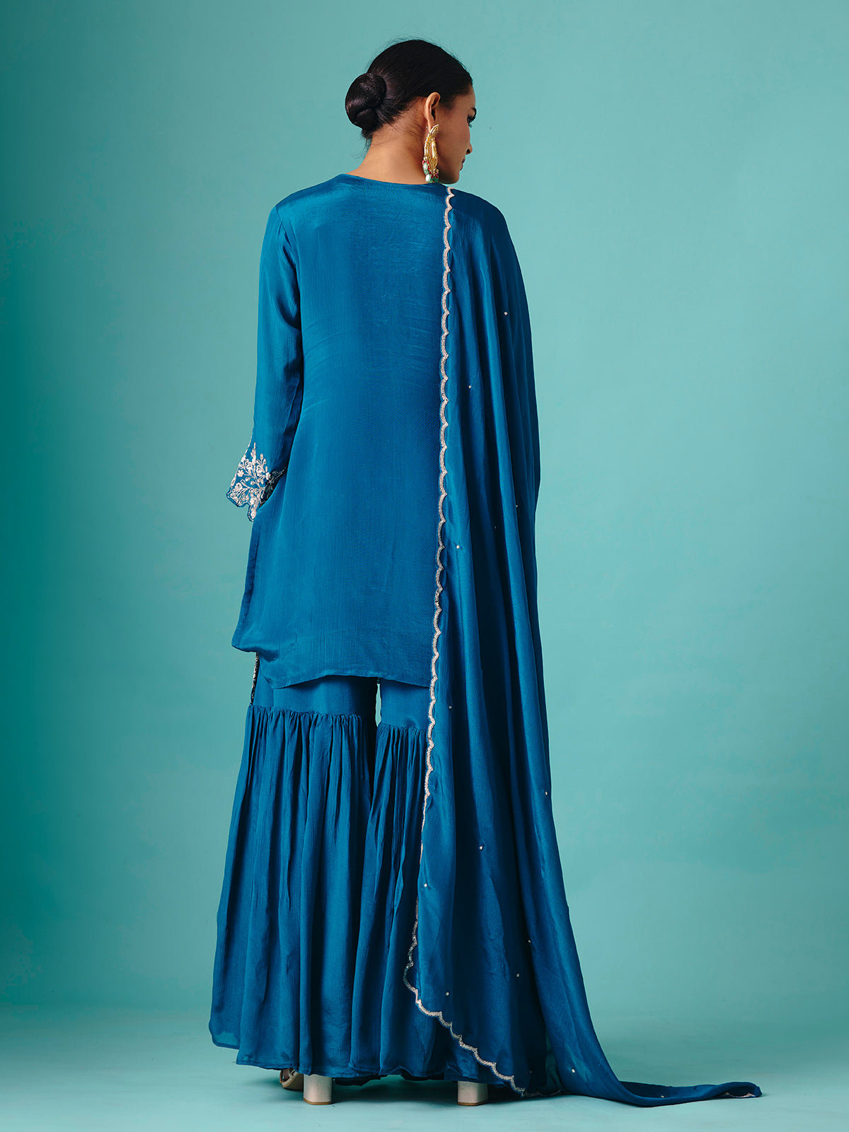 Teal blue georgette V neck elegant sharara suit