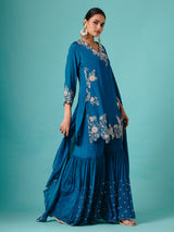 Teal blue georgette V neck elegant sharara suit