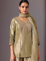 Olive silk mirror embellished quarter sleeve palazzo suit