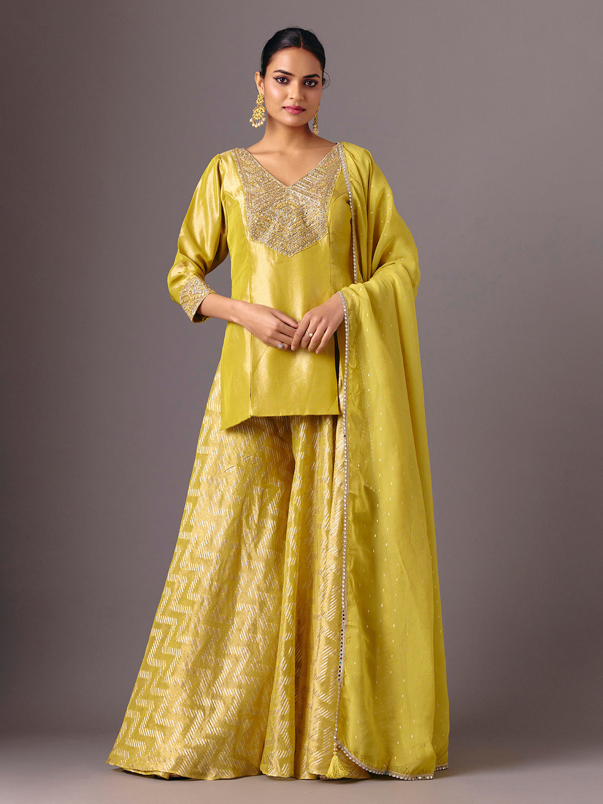 Mustard yellow silk V neck mirror palazzo suit
