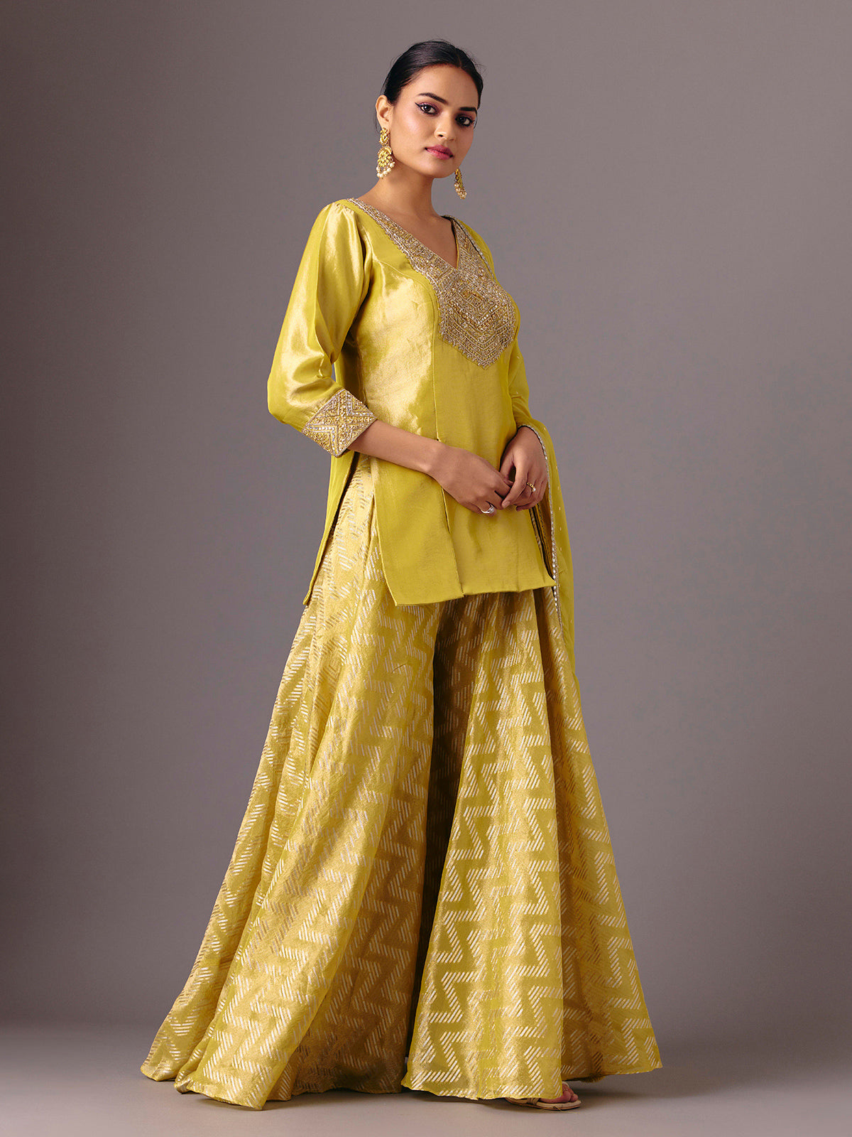 Mustard yellow silk V neck mirror palazzo suit