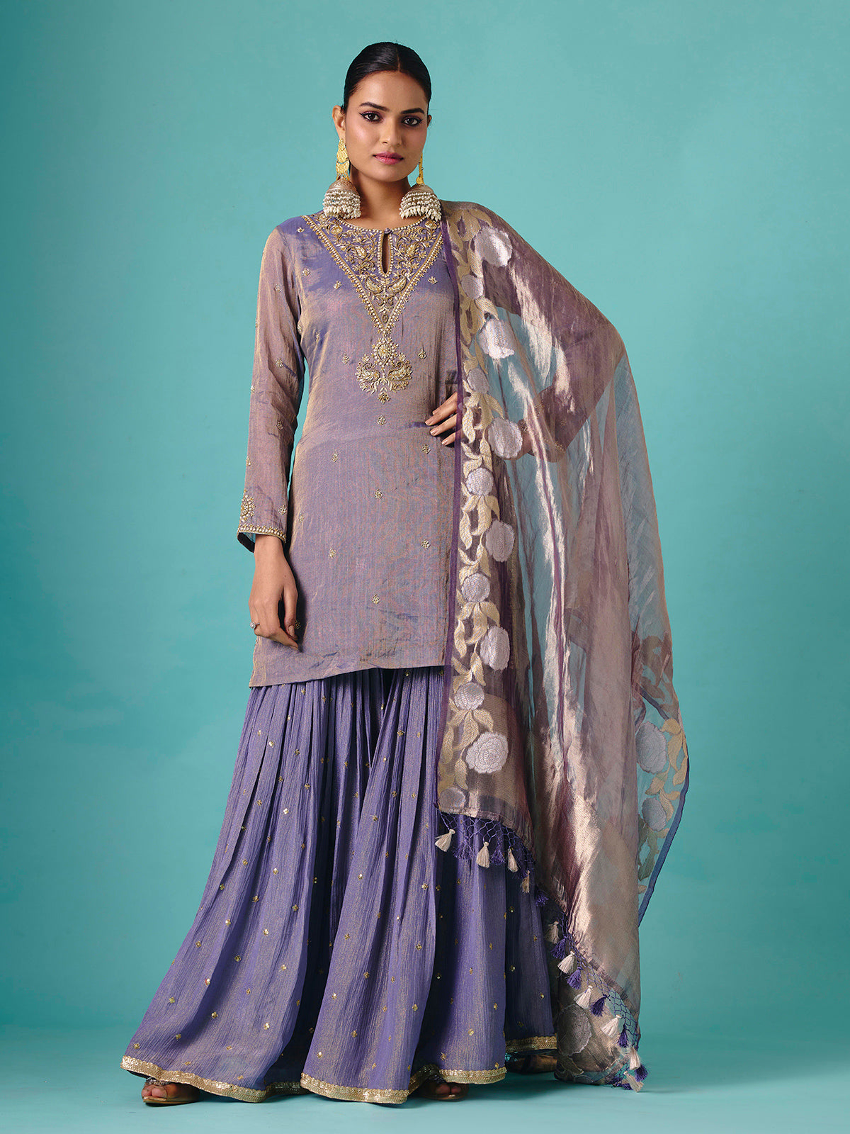 Pastel purple silk full sleeve elegant sharara suit