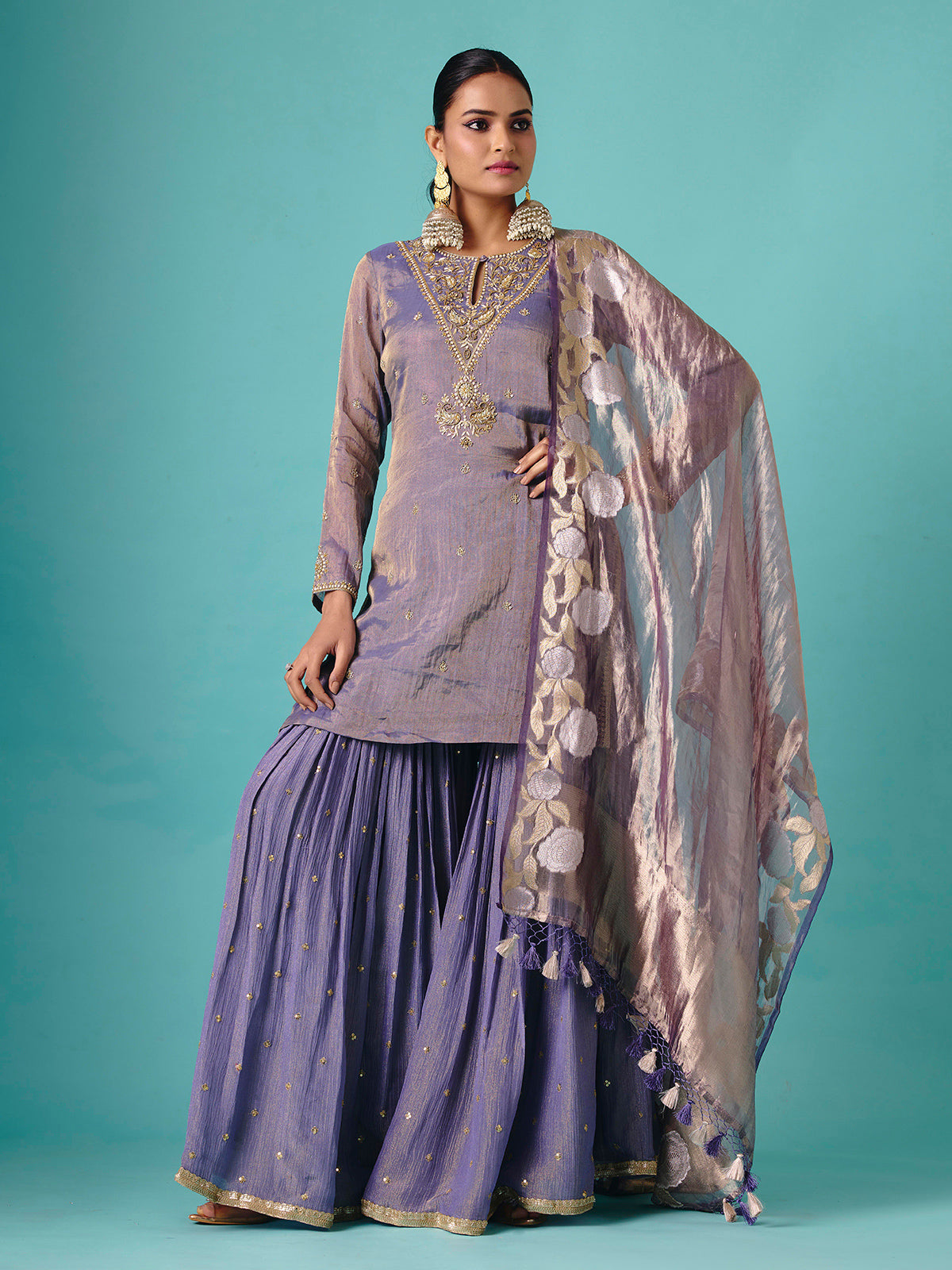 Pastel purple silk full sleeve elegant sharara suit
