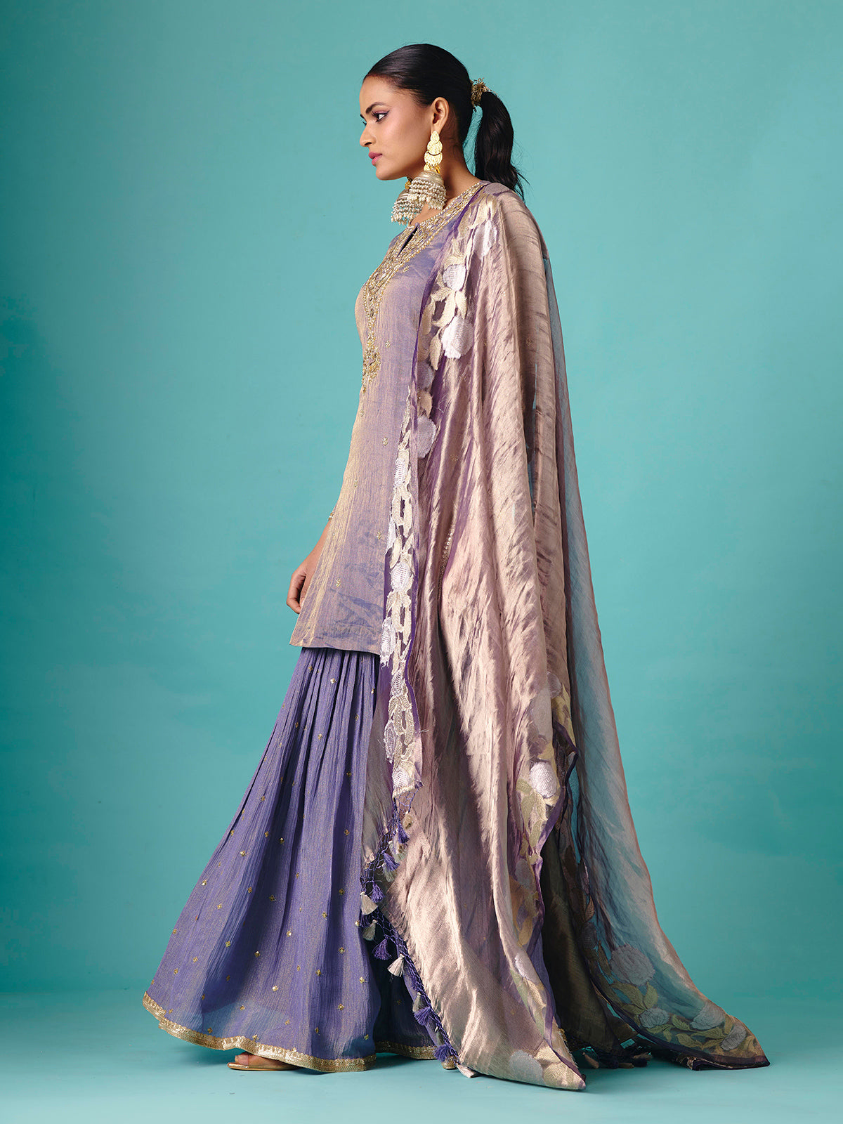 Pastel purple silk full sleeve elegant sharara suit