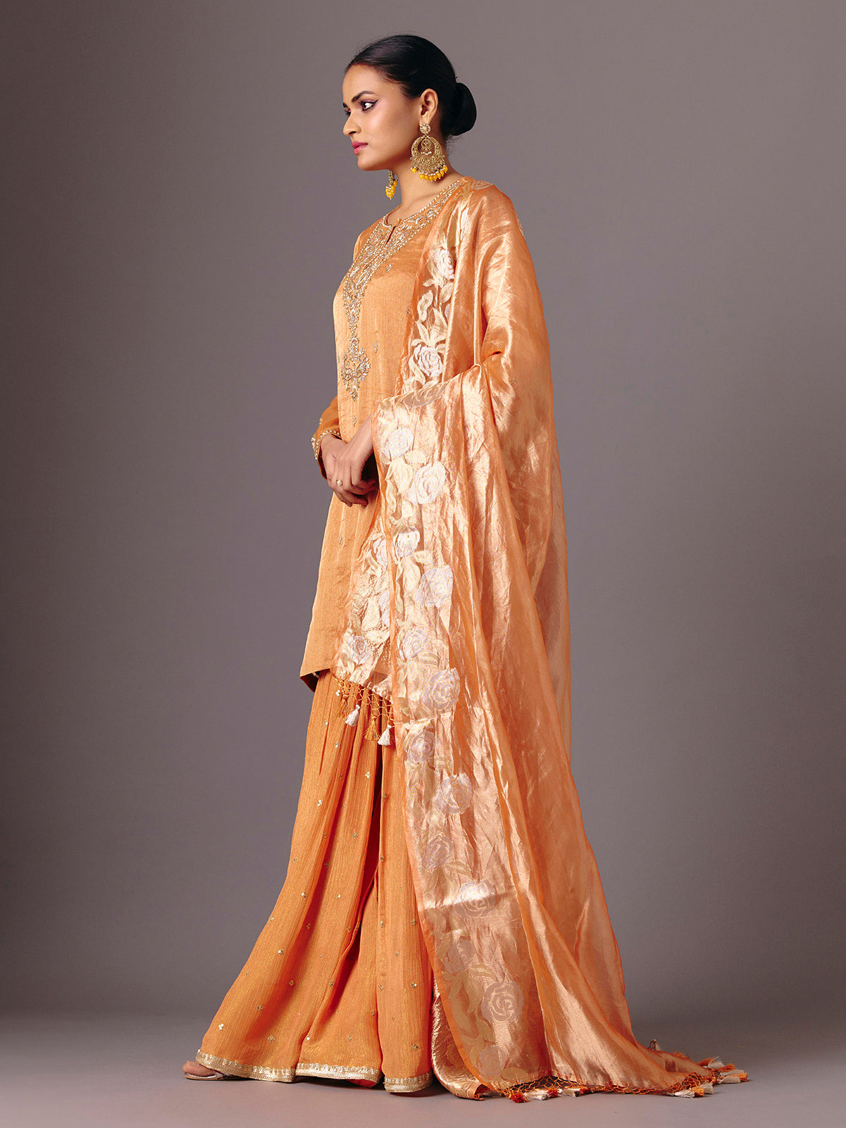 Orange silk full sleeve festive sharara suit