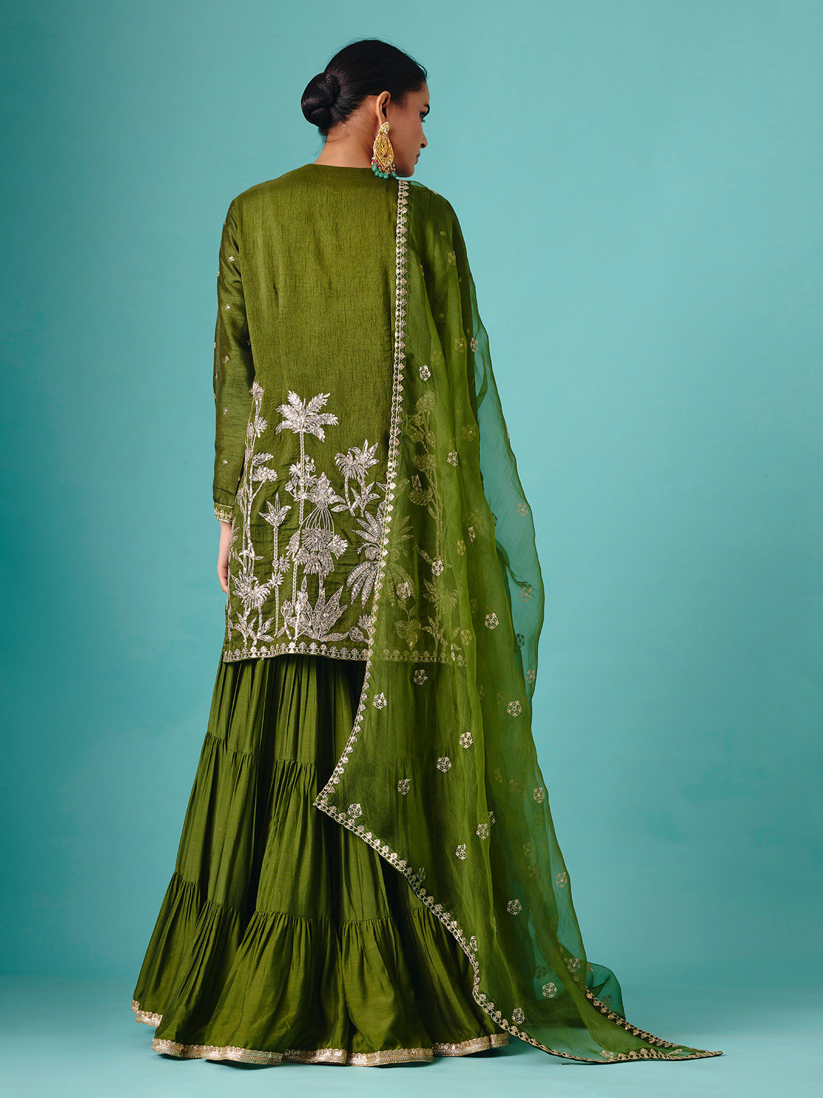 Green chinon silk net detailed sharara suit