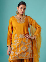 Mustard yellow chinon silk net flowy sharara suit