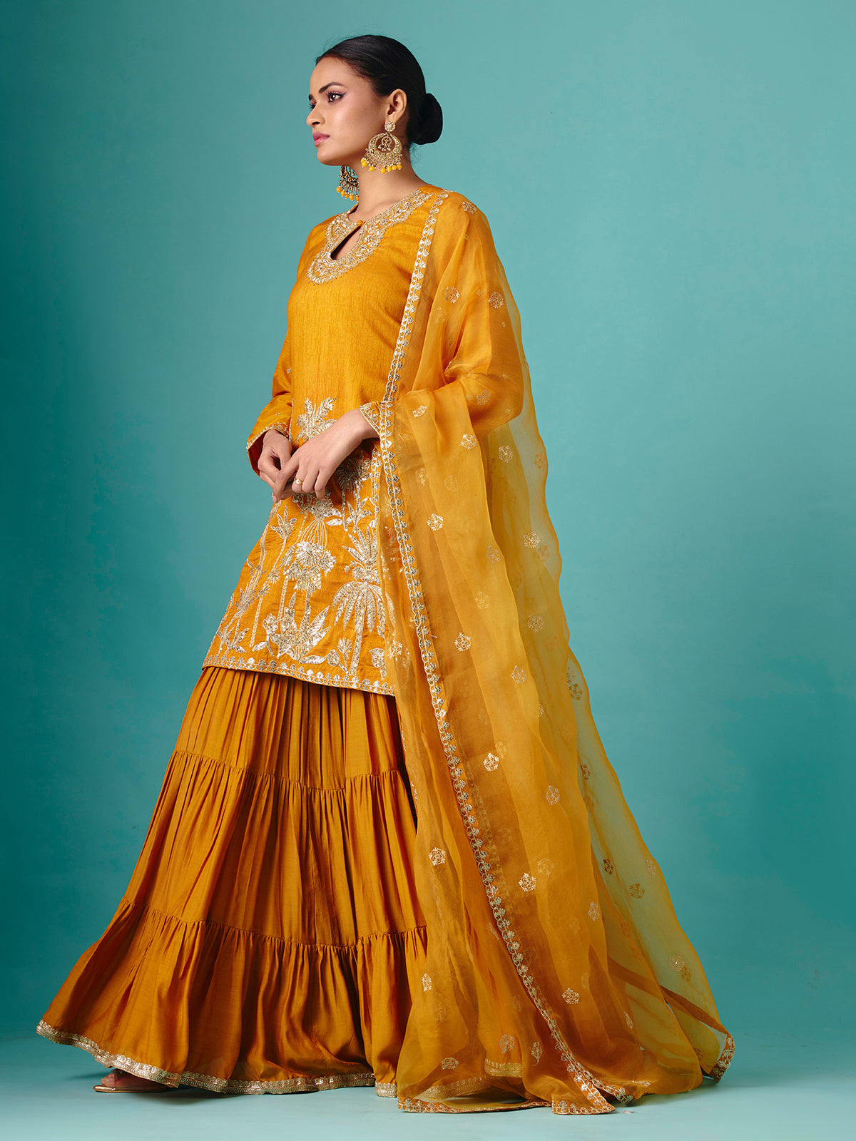 Mustard yellow chinon silk net flowy sharara suit