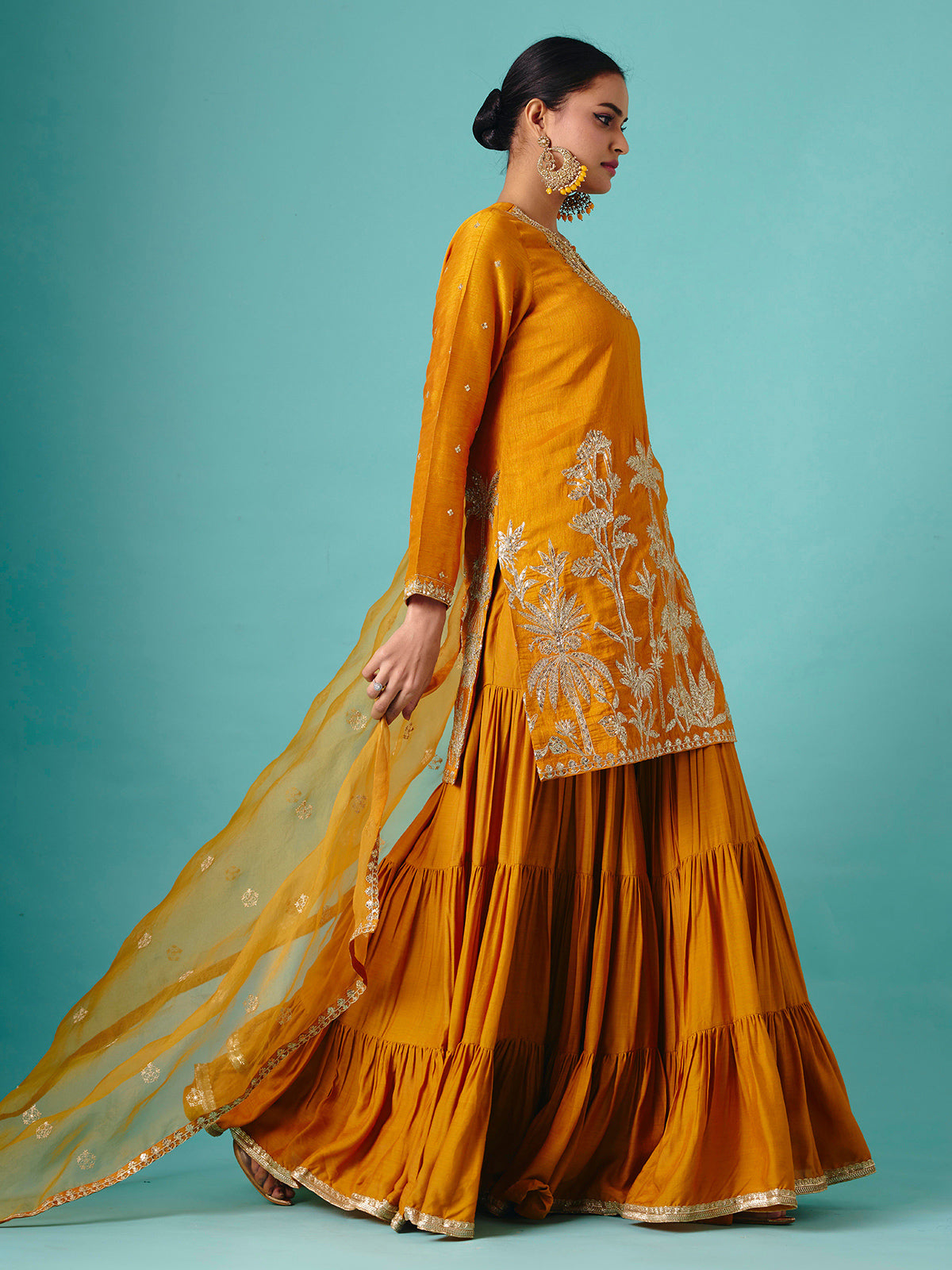 Mustard yellow chinon silk net flowy sharara suit