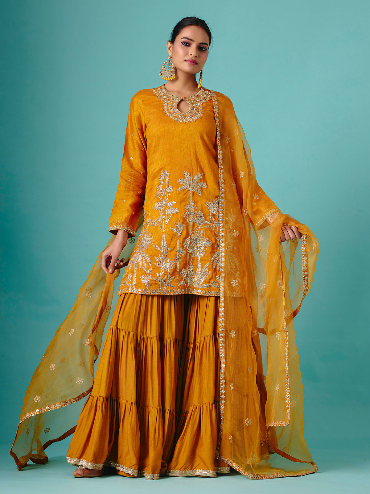 Mustard yellow chinon silk net flowy sharara suit