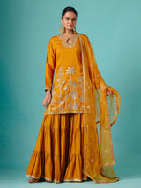 Mustard yellow chinon silk net flowy sharara suit