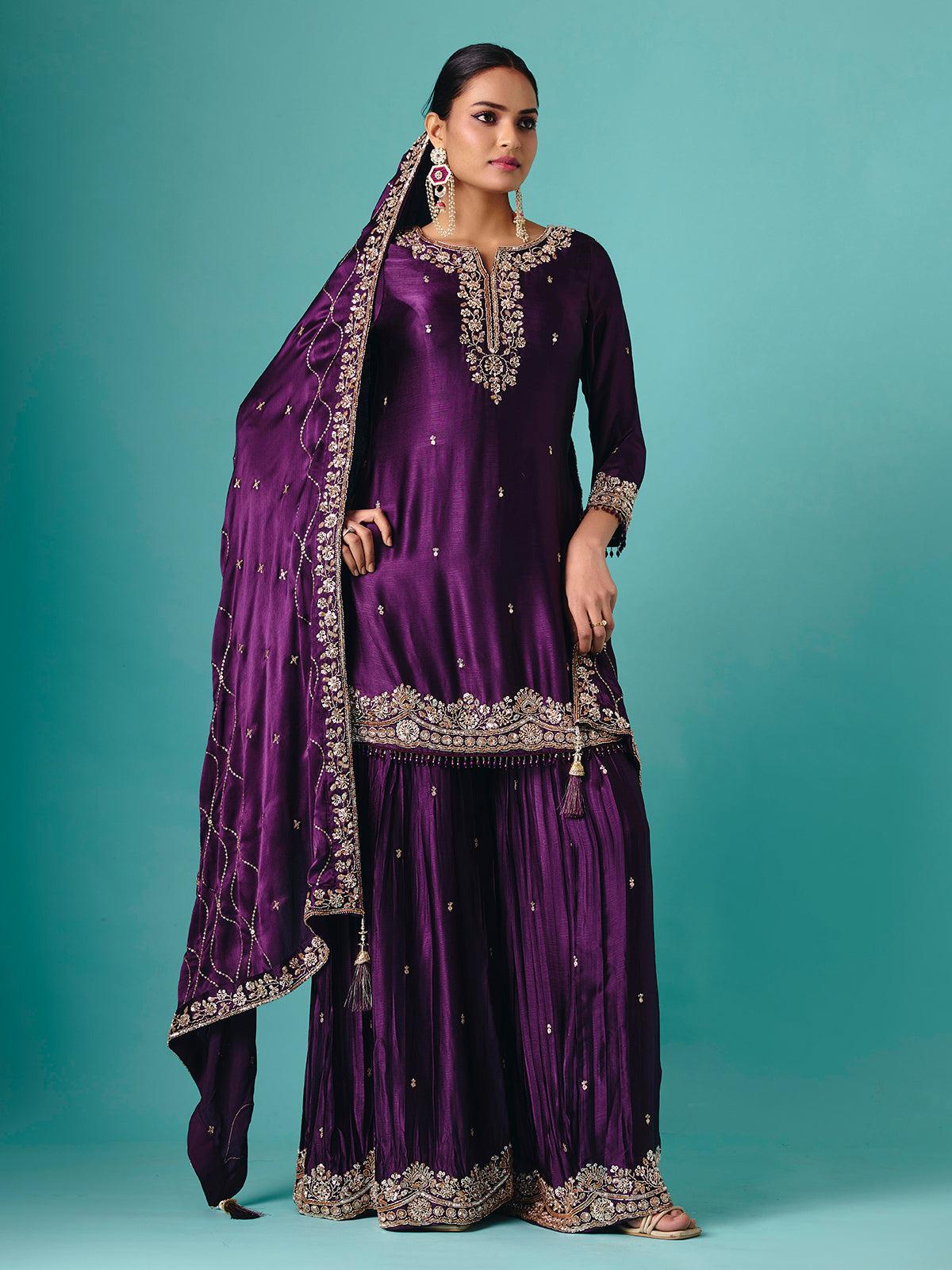 Violet chinon silk full sleeve flared palazzo suit