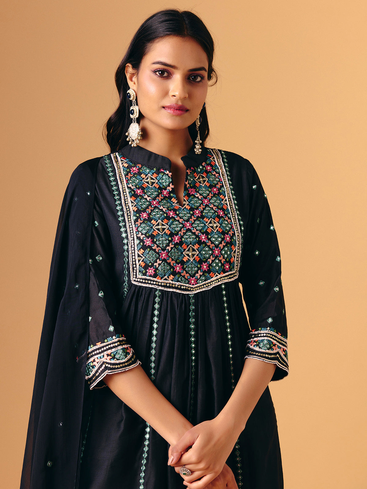 Black cotton silk quarter sleeve pant style suit
