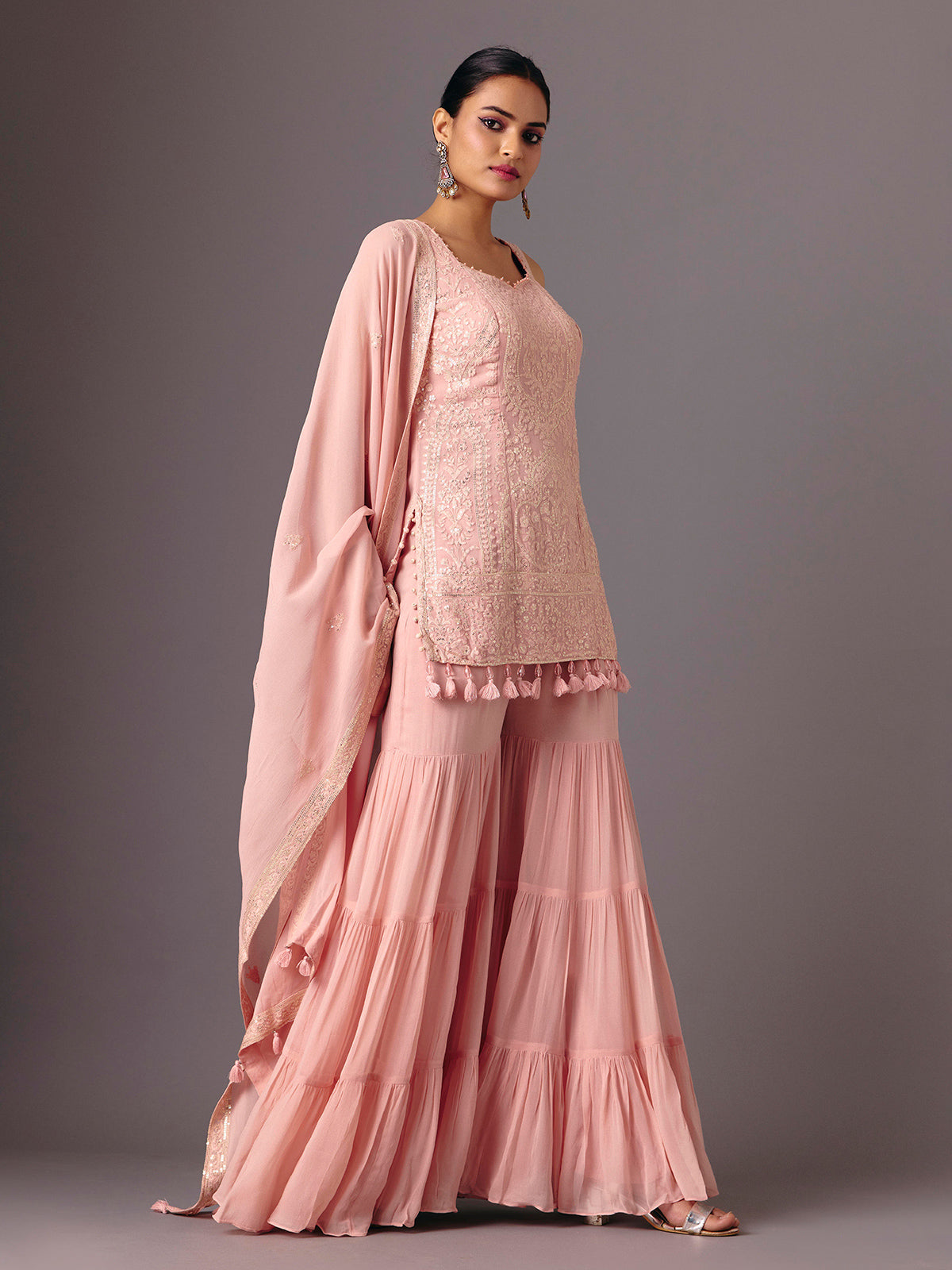 Peach georgette silk sleeveless festive sharara suit