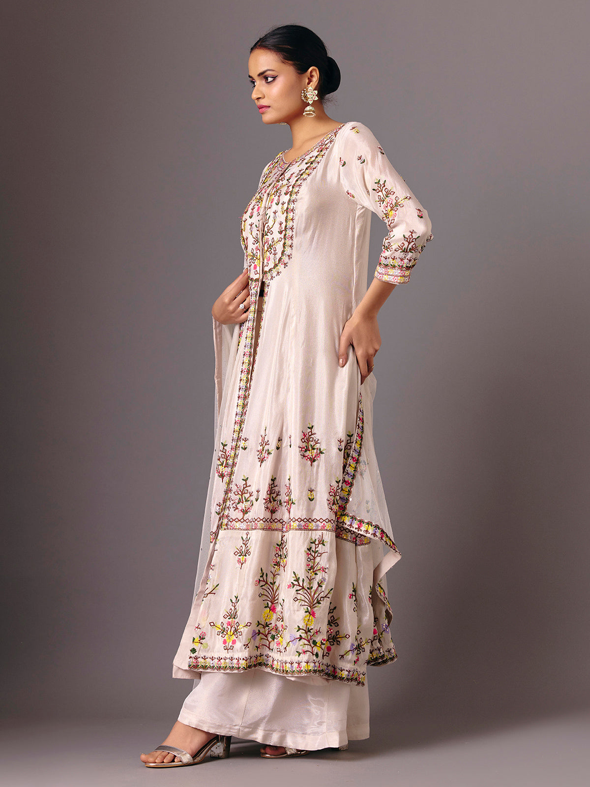 Cream silk round neck embellished palazzo suit