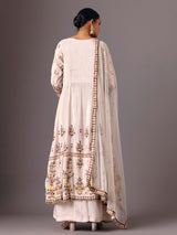Cream silk round neck embellished palazzo suit