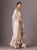 Cream silk round neck embellished palazzo suit