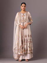 Cream silk round neck embellished palazzo suit
