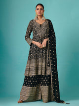 Black silk quarter sleeve embroidered palazzo suit