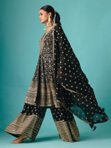 Black silk quarter sleeve embroidered palazzo suit