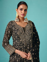 Black silk quarter sleeve embroidered palazzo suit
