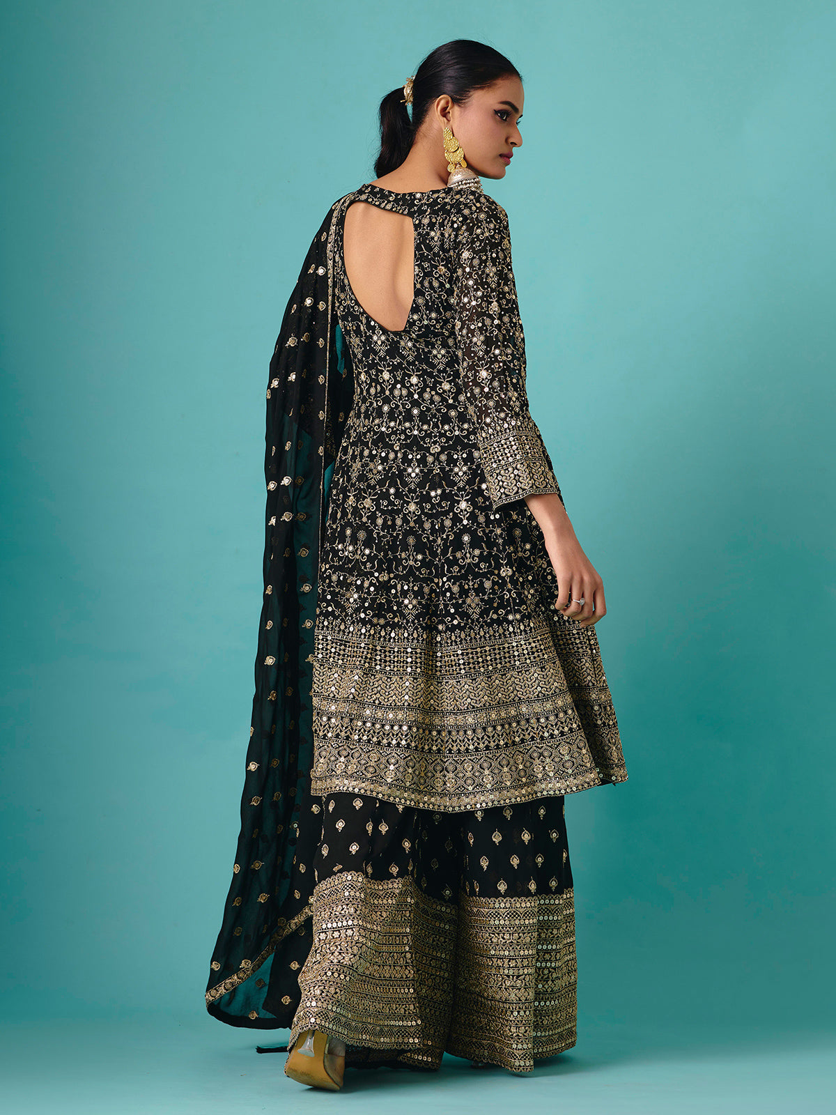 Black silk quarter sleeve embroidered palazzo suit