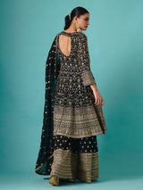 Black silk quarter sleeve embroidered palazzo suit