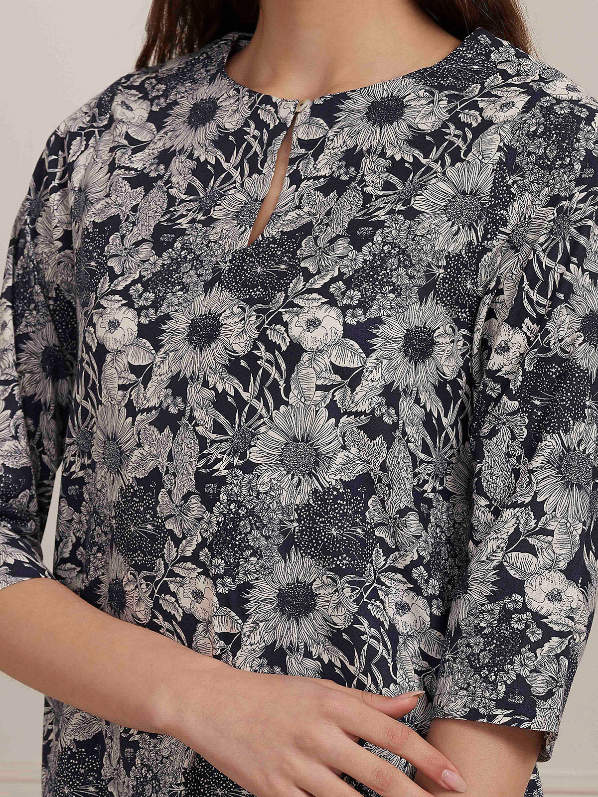 Blue floral printed cotton silk kurti