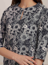 Blue floral printed cotton silk kurti