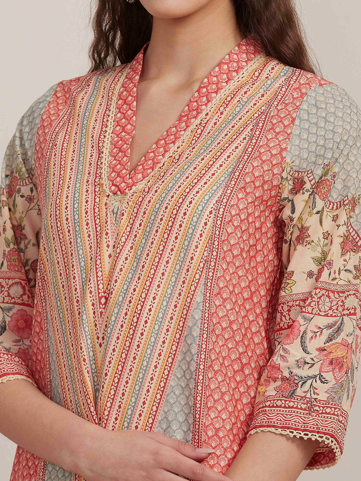 Peach printed straight cut kurti with thread work