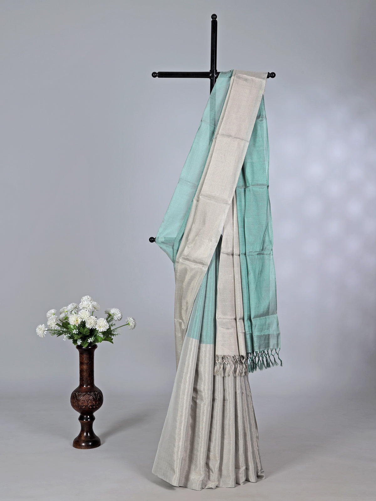 Silver and mint blue chanderi tissue silk saree