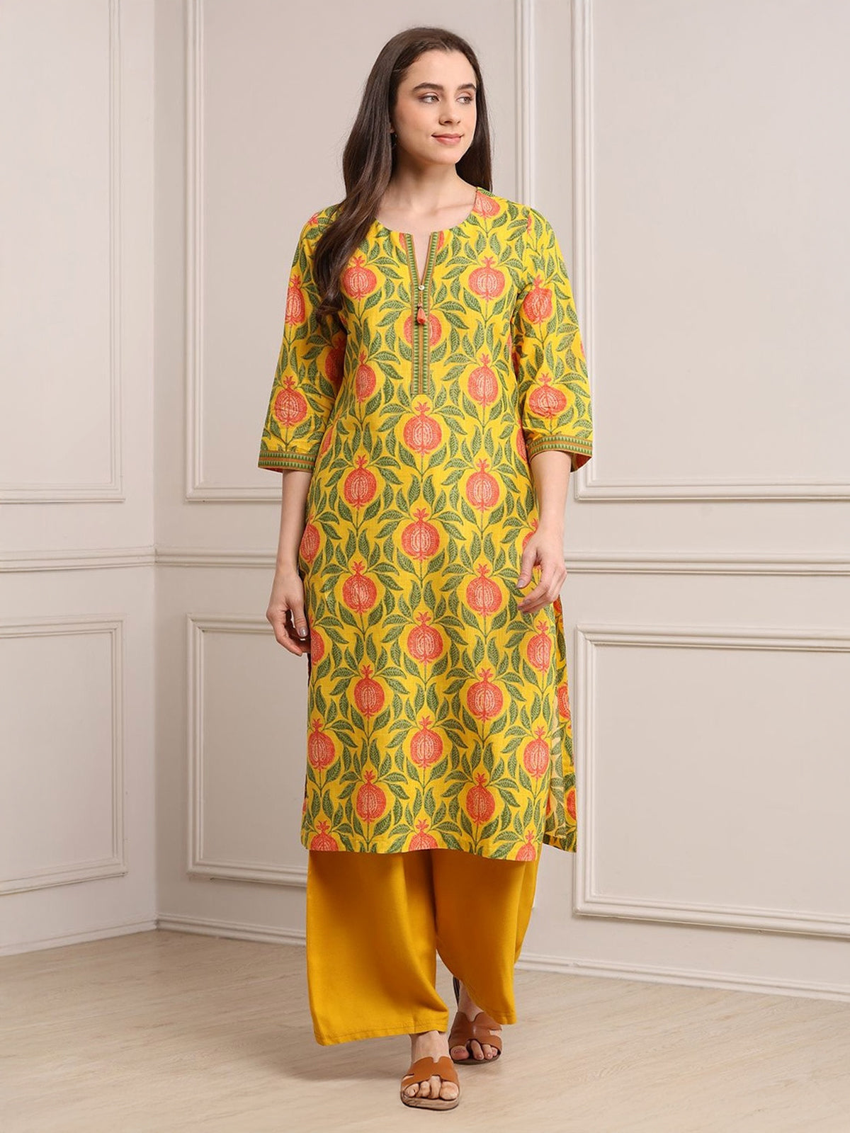 Yellow printed straight cut cotton silk kurti