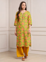 Yellow printed straight cut cotton silk kurti
