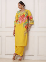 Yellow printed cotton silk kurti set for women festive wear