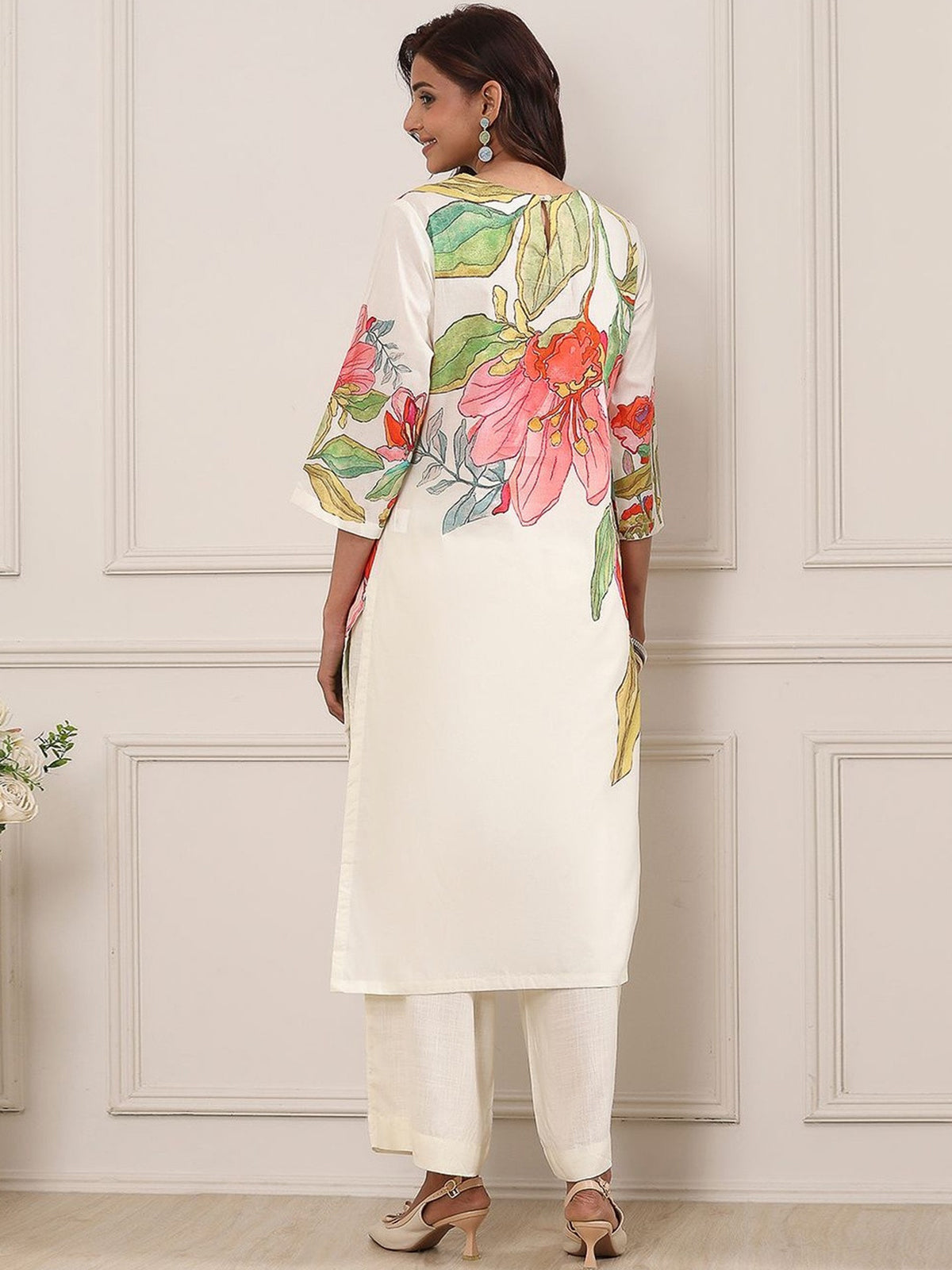 White printed elegant cotton silk kurti set