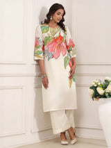 White printed elegant cotton silk kurti set