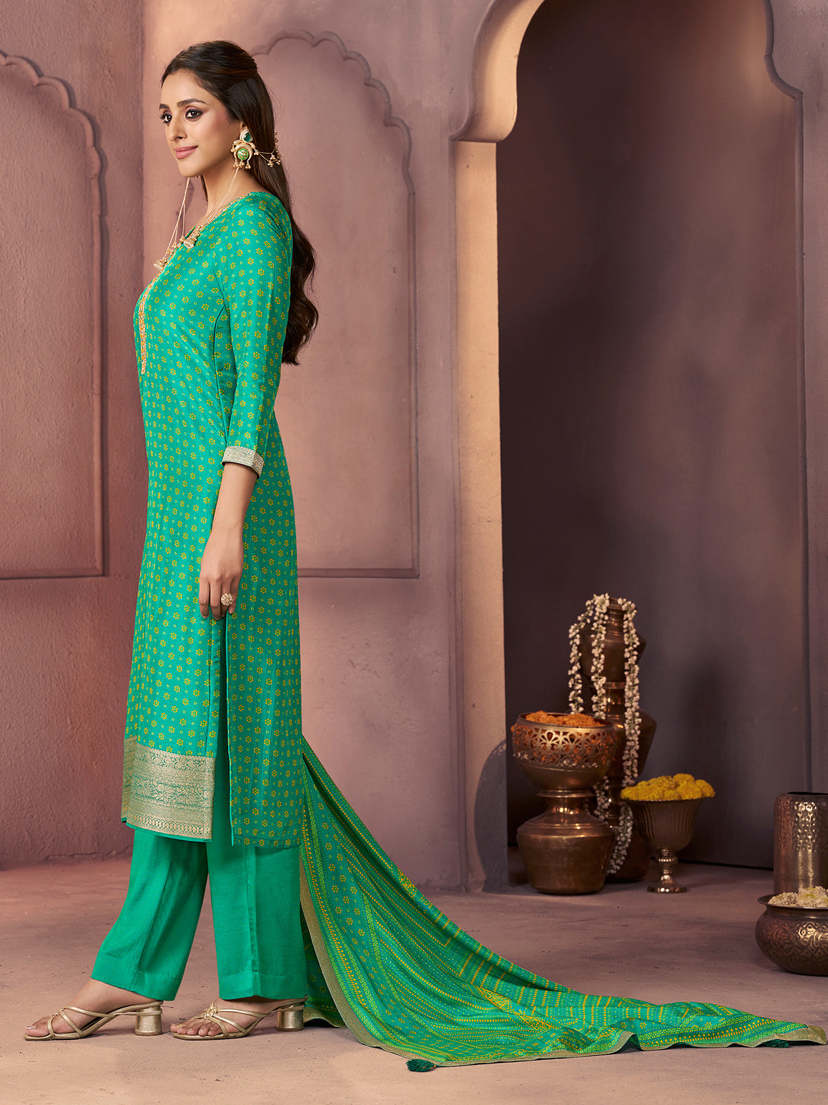 Green printed silk kurti set with zardosi work
