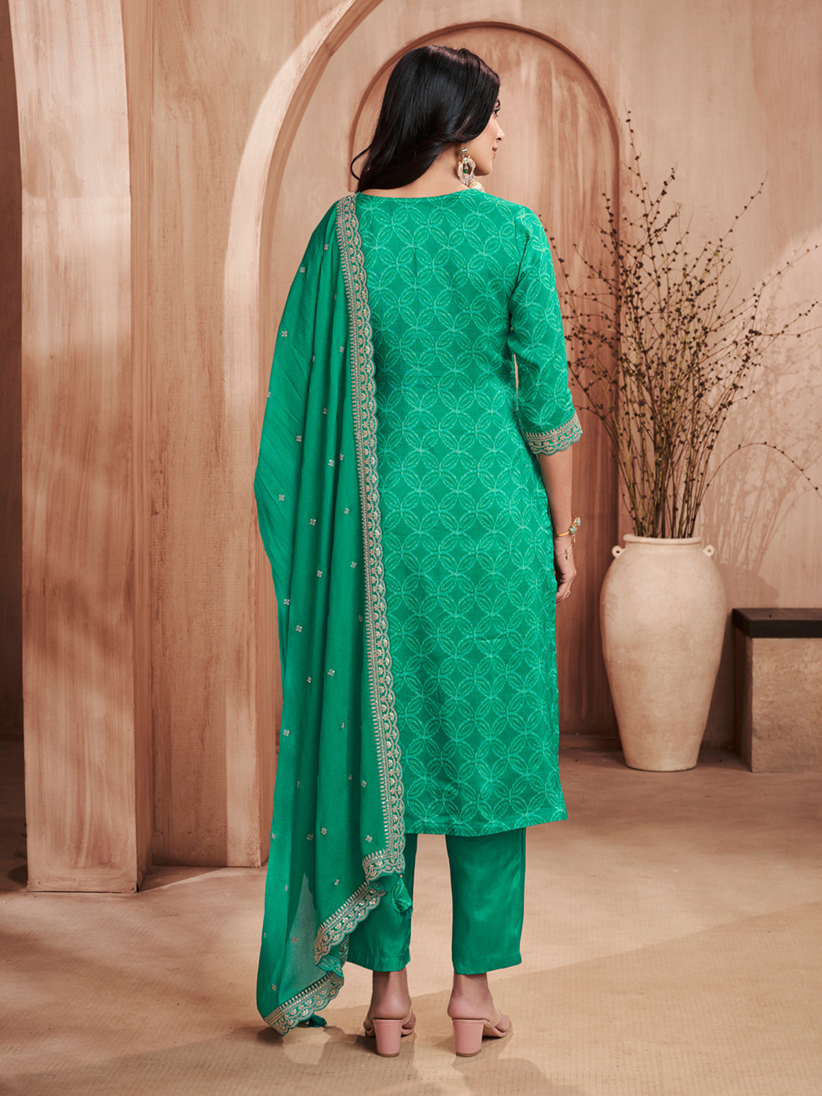 Green printed straight cut silk wedding kurti set